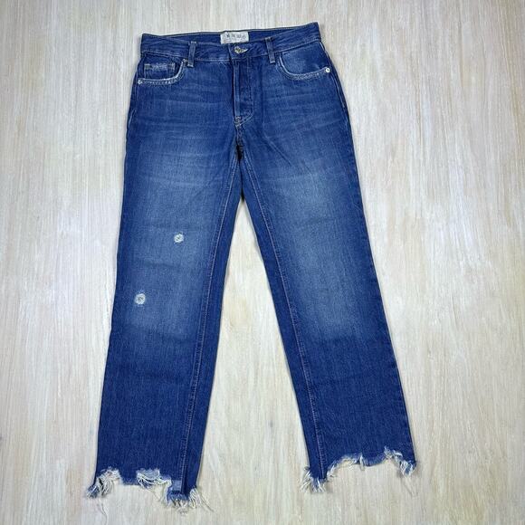 We the Free Maggie Ripped Crop 100% Cotton Distressed Straight Leg Jeans 24 - Picture 1 of 16